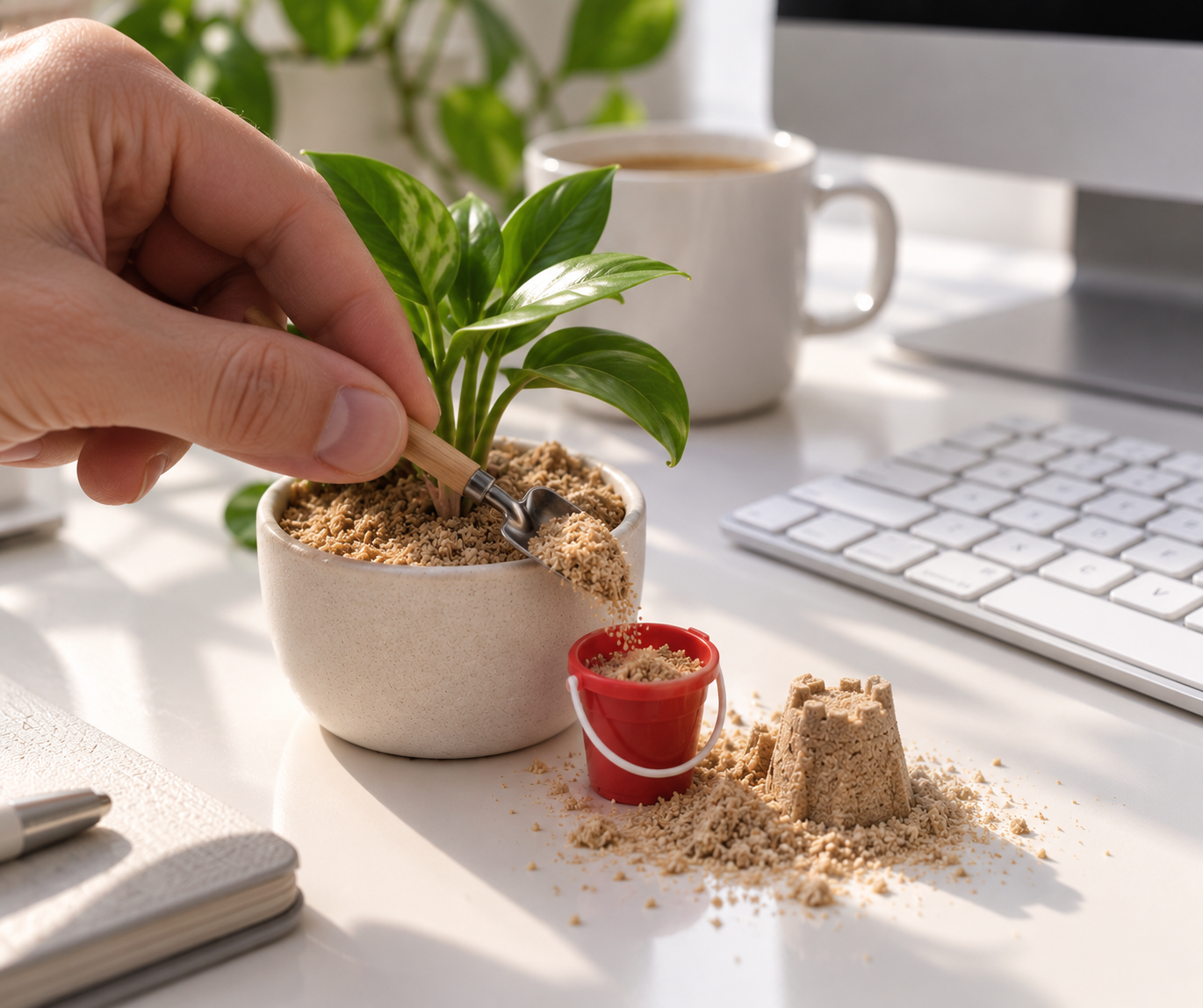 A tiny trowel moving sand from a plant pot into a toy bucket